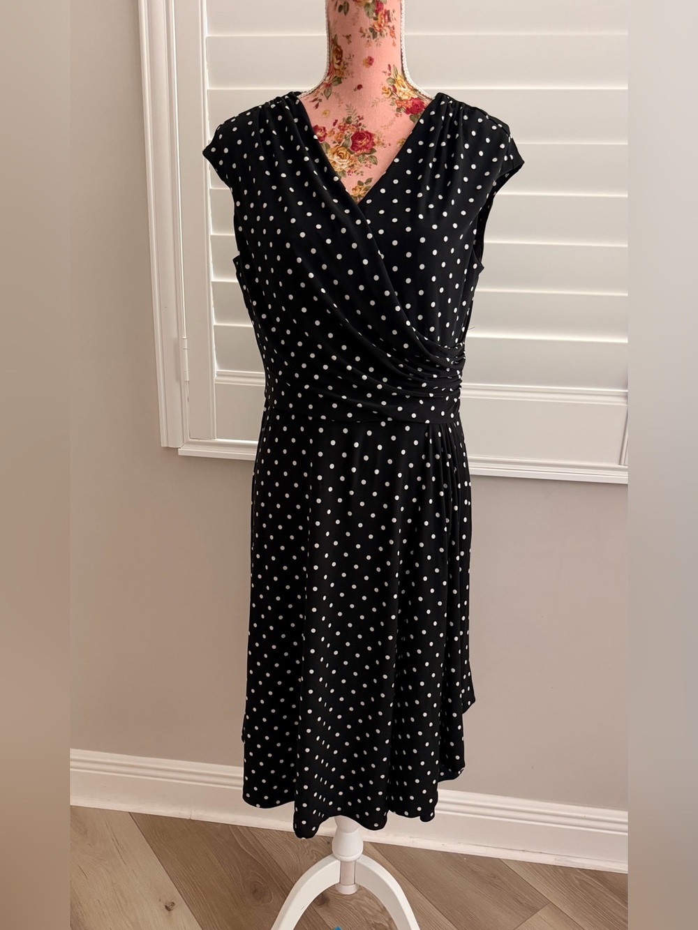 Ralph Lauren Black and White Polka Dot Faux-Wrap Midi Dress